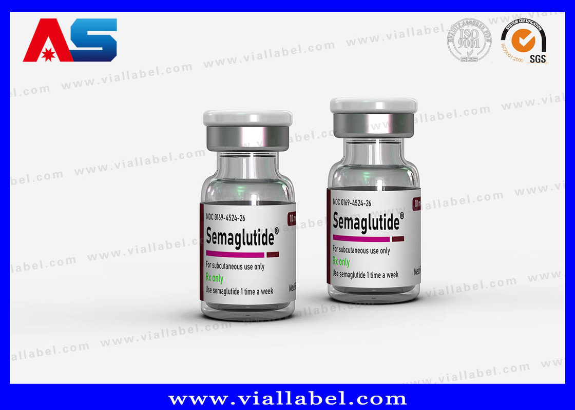 Étiquette adhésive sur petite bouteille personnalisée de 2 ml de semaglutide avec vernis à tache UV / timbre chaud / feuille