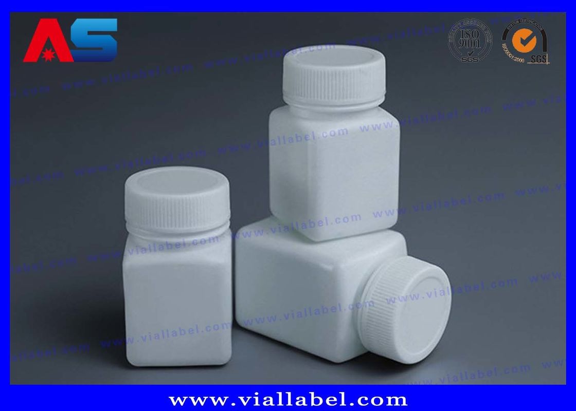 Pet pharmacie Bouteilles de pilules en plastique blanches de 50 ml avec capuchon à vis Forme carrée Sceaux sensibles à la pression